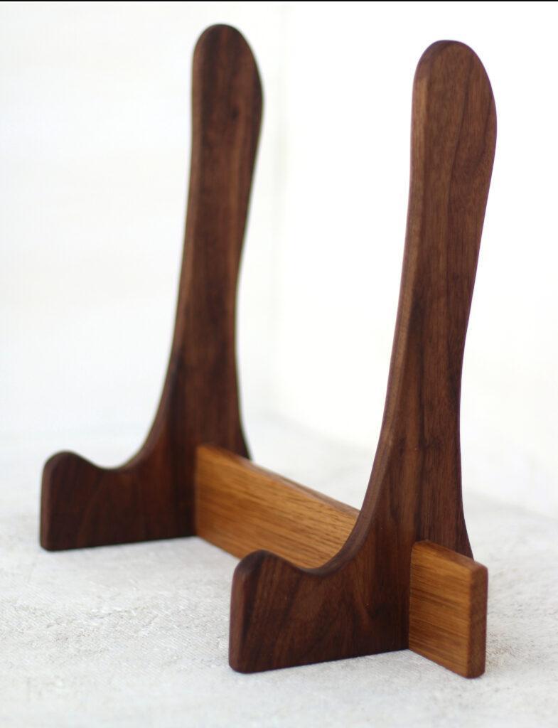 Hand crafted cutting board stand made from contrasting oak and walnut. A stylish and useful kitchen addition, made in the Catskills, near New Paltz and Kingston