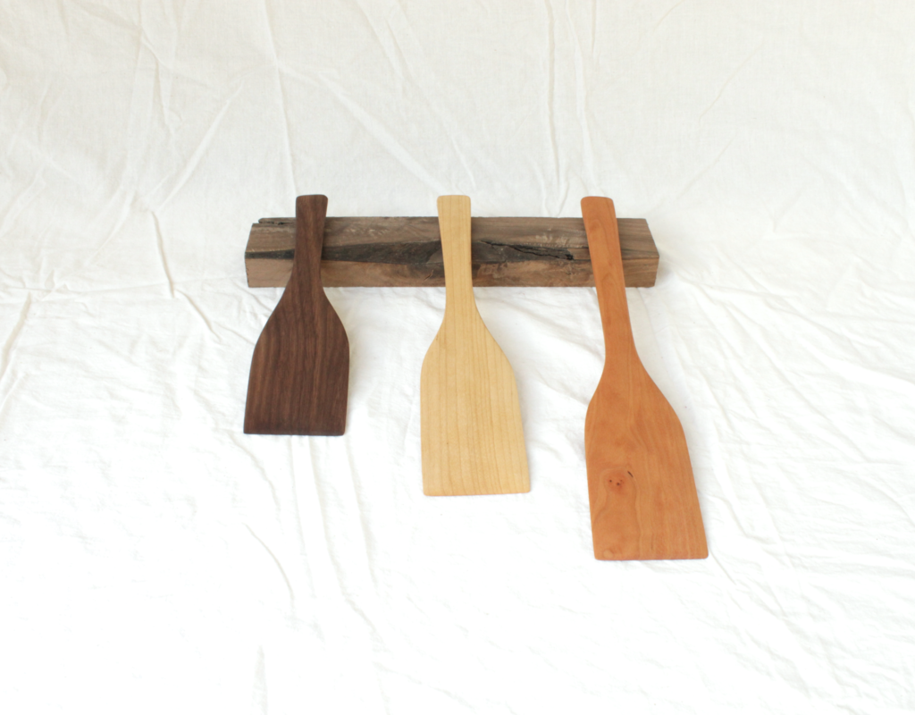 Wide cooking spatulas made for flipping pancakes and outdoor cooking. Three sizes. Hand crafted by an artisan in Upsatate New York. Three size: 9" walnut, 11" maple and 13" cherry. Each one is 2.5" wide.